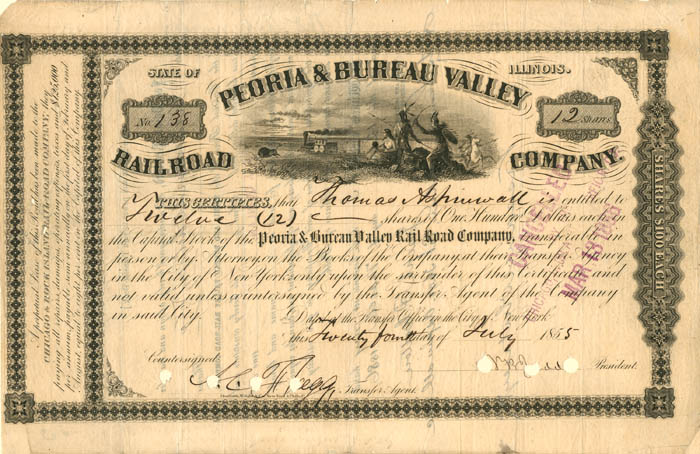 Peoria and Bureau Valley Railroad Co. - Railway Stock Certificate